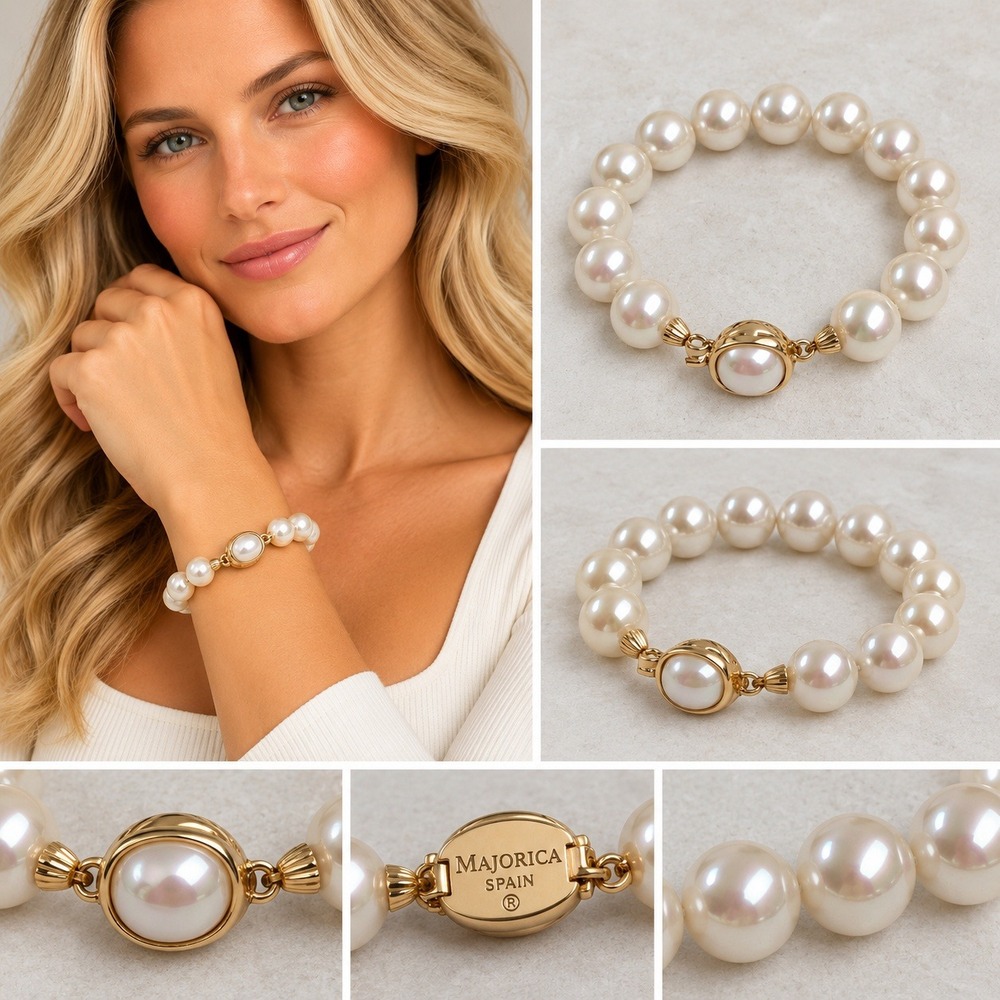 Majorica Pearl Bracelet 8in White 10mm Gold Tone Clasp Spain Old Money Classic V